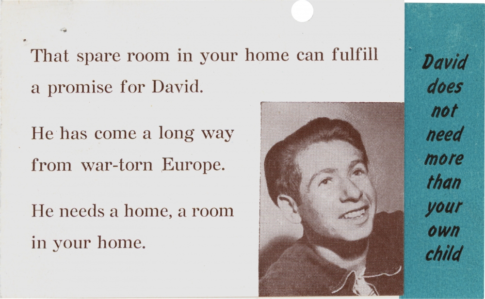 Copy of a page from a brochure with six lines of typed text, and a black-and-white photograph of a smiling young man in the bottom-right corner. A vertical blue bar on the far right displays more text.